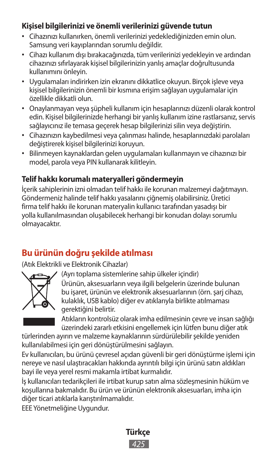 Bu ürünün doğru şekilde atılması | Samsung SM-T211 User Manual | Page 426 / 476