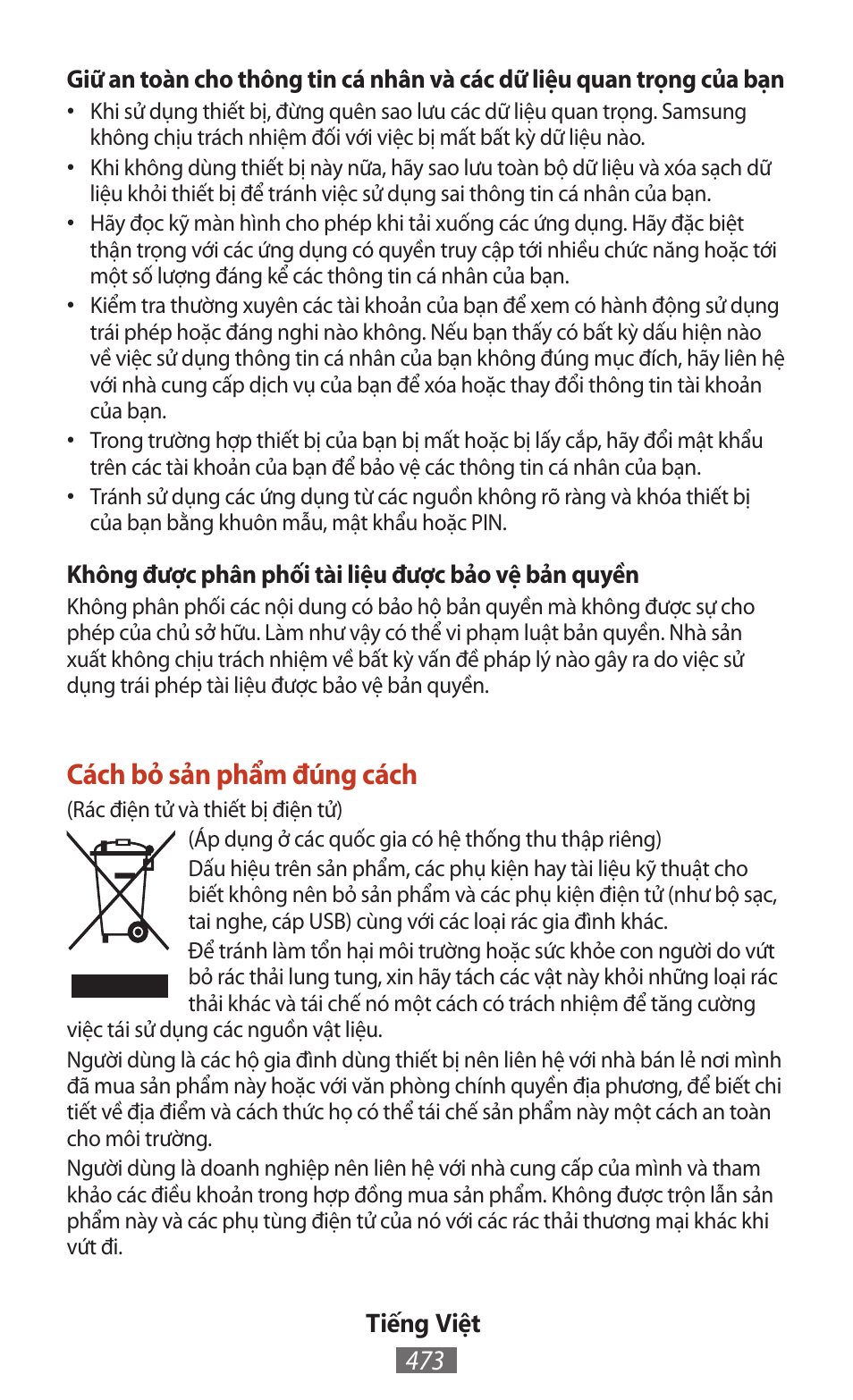 Cách bỏ sản phẩm đúng cách | Samsung SM-T211 User Manual | Page 474 / 476