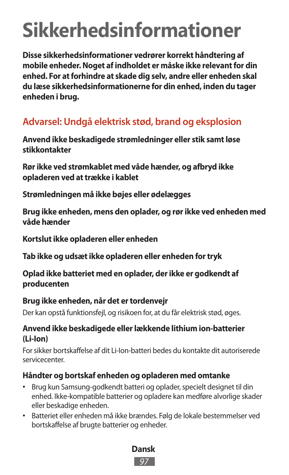 Dansk, Sikkerhedsinformationer | Samsung SM-T211 User Manual | Page 98 / 476