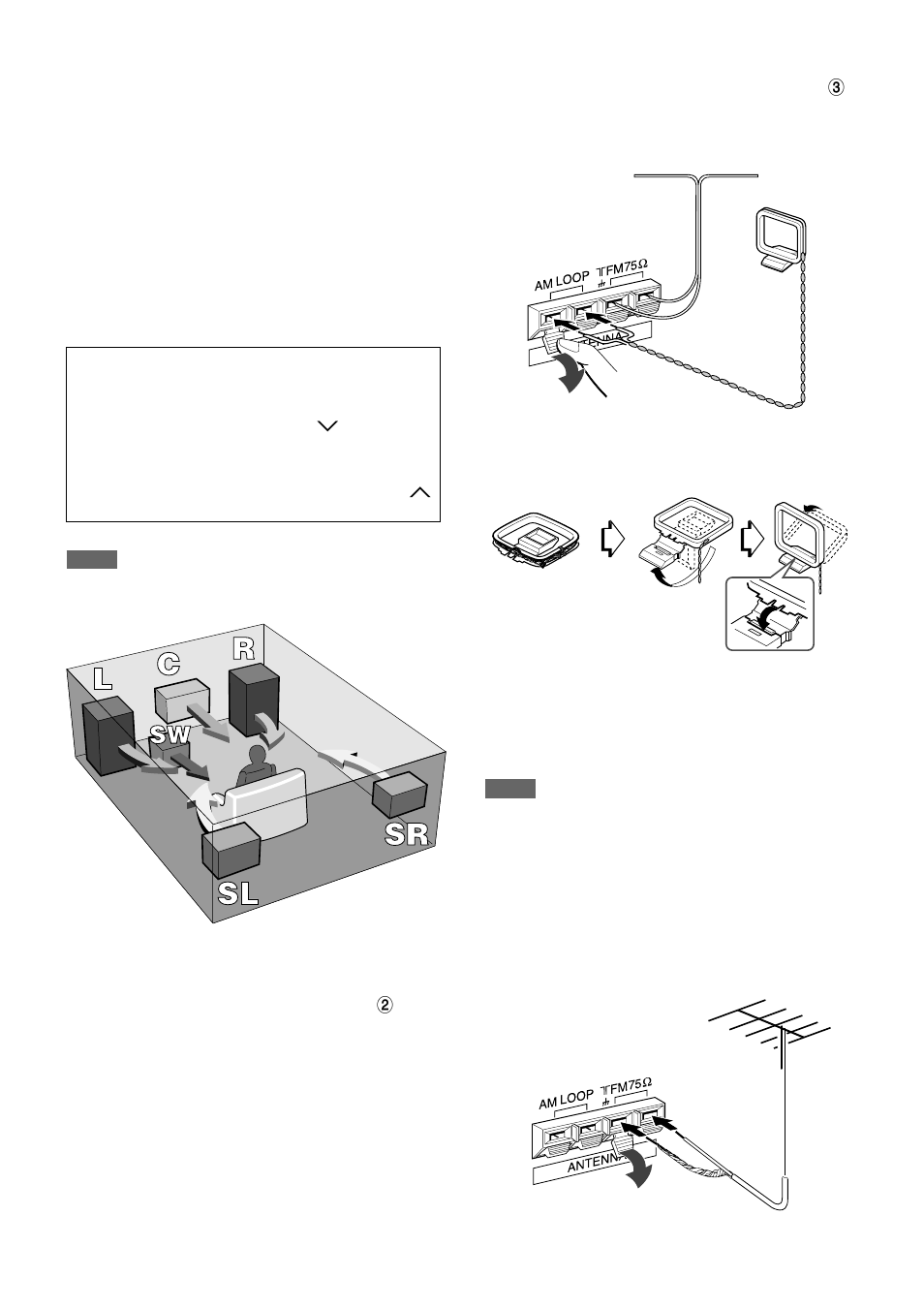 Connecting the supplied antennas 3, Connecting an outdoor antenna, Positioning the speakers | Using ac outlets on the unit 2 | Aiwa AV-D77 User Manual | Page 6 / 80