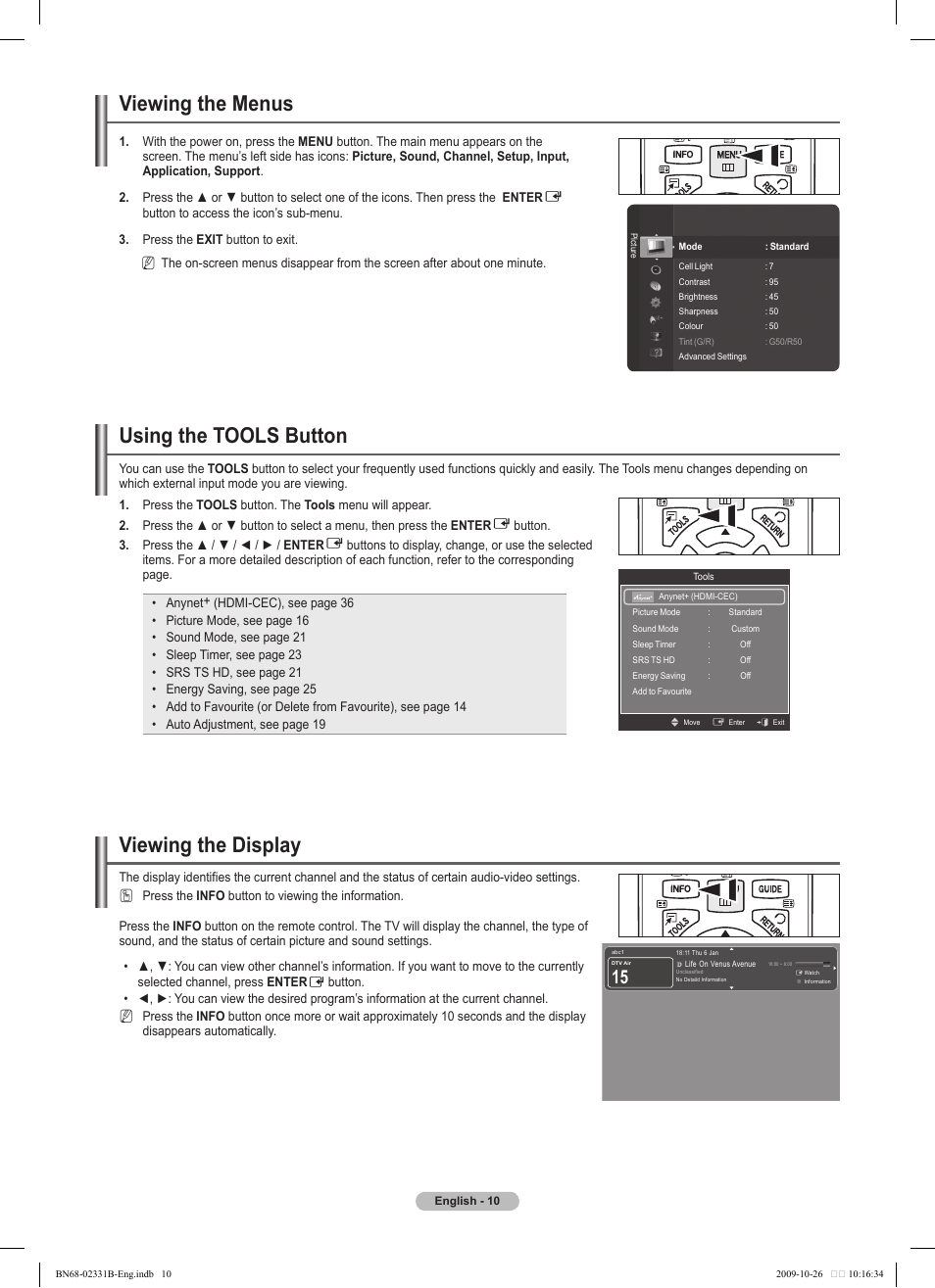 Viewing the menus, Using the tools button, Viewing the display | Samsung PS50B551T3W User Manual | Page 10 / 462