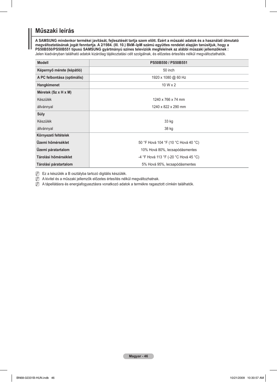 Műszaki leírás | Samsung PS50B551T3W User Manual | Page 100 / 462