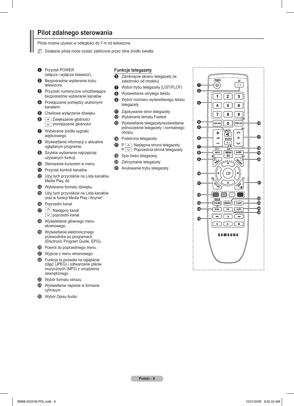 Pilot zdalnego sterowania | Samsung PS50B551T3W User Manual | Page 107 / 462