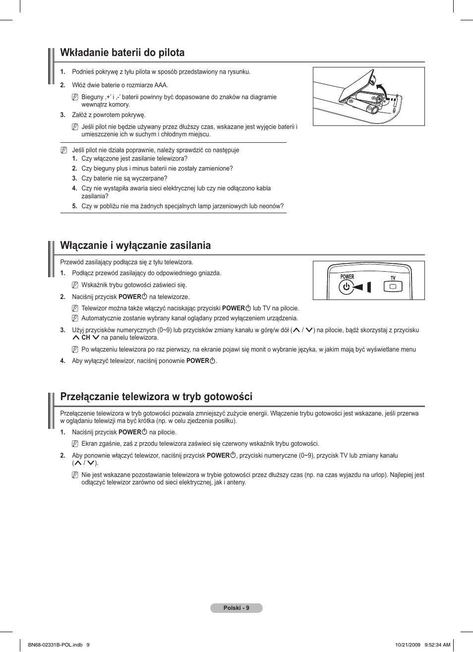 Wkładanie baterii do pilota, Włączanie i wyłączanie zasilania, Przełączanie telewizora w tryb gotowości | Samsung PS50B551T3W User Manual | Page 108 / 462