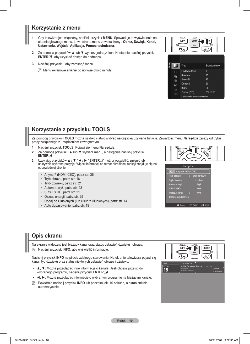 Korzystanie z menu, Korzystanie z przycisku tools, Opis ekranu | Samsung PS50B551T3W User Manual | Page 109 / 462