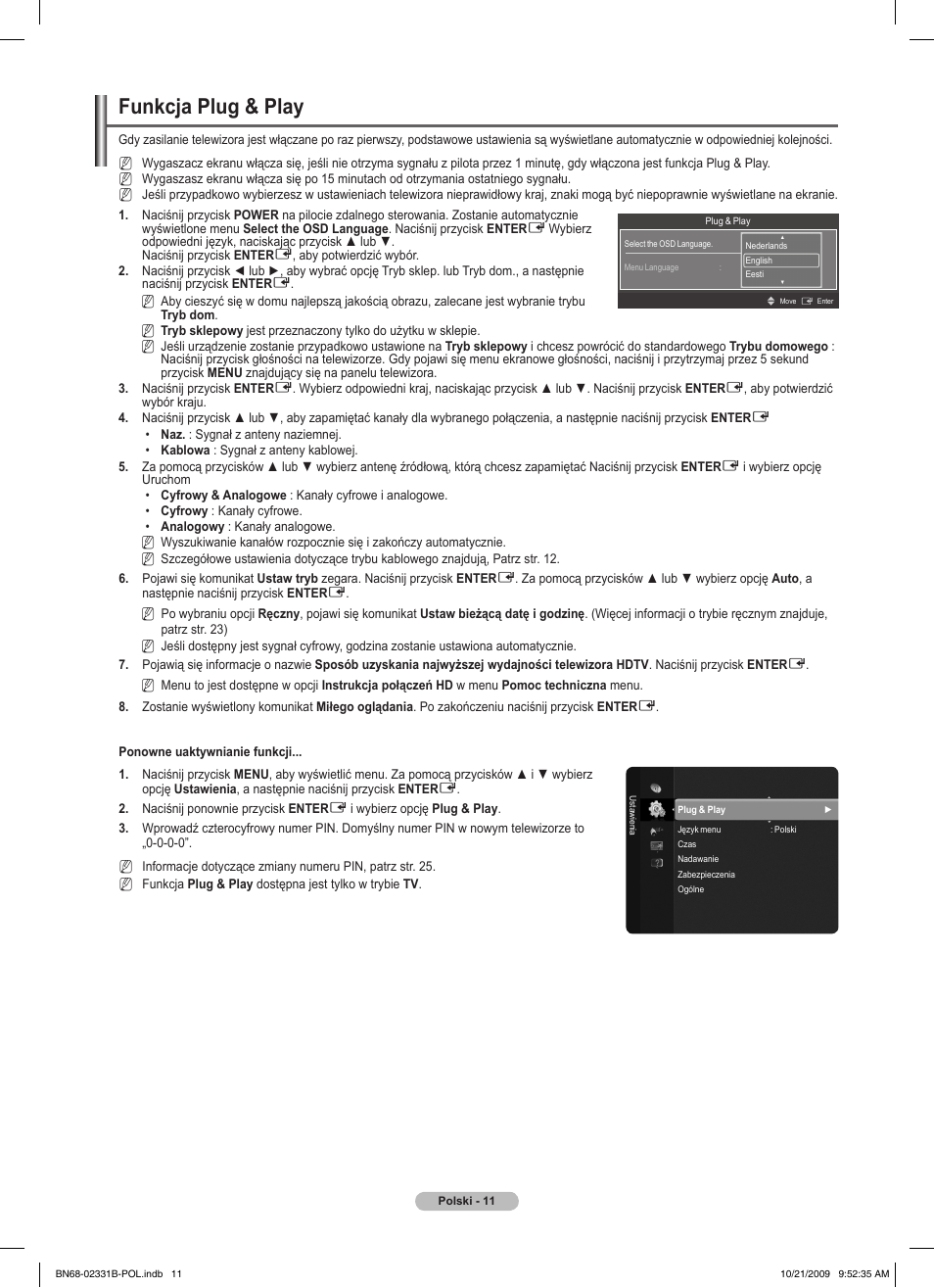 Funkcja plug & play | Samsung PS50B551T3W User Manual | Page 110 / 462