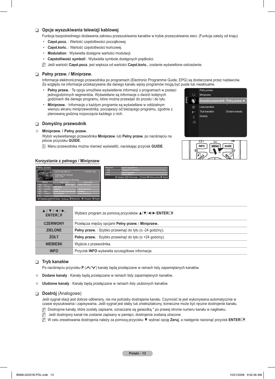 Opcje wyszukiwania telewizji kablowej, Pełny przew. / miniprzew, Domyślny przewodnik | Tryb kanałów, Dostrój ❑ (analogowe), Korzystanie z pełnego / miniprzew | Samsung PS50B551T3W User Manual | Page 112 / 462