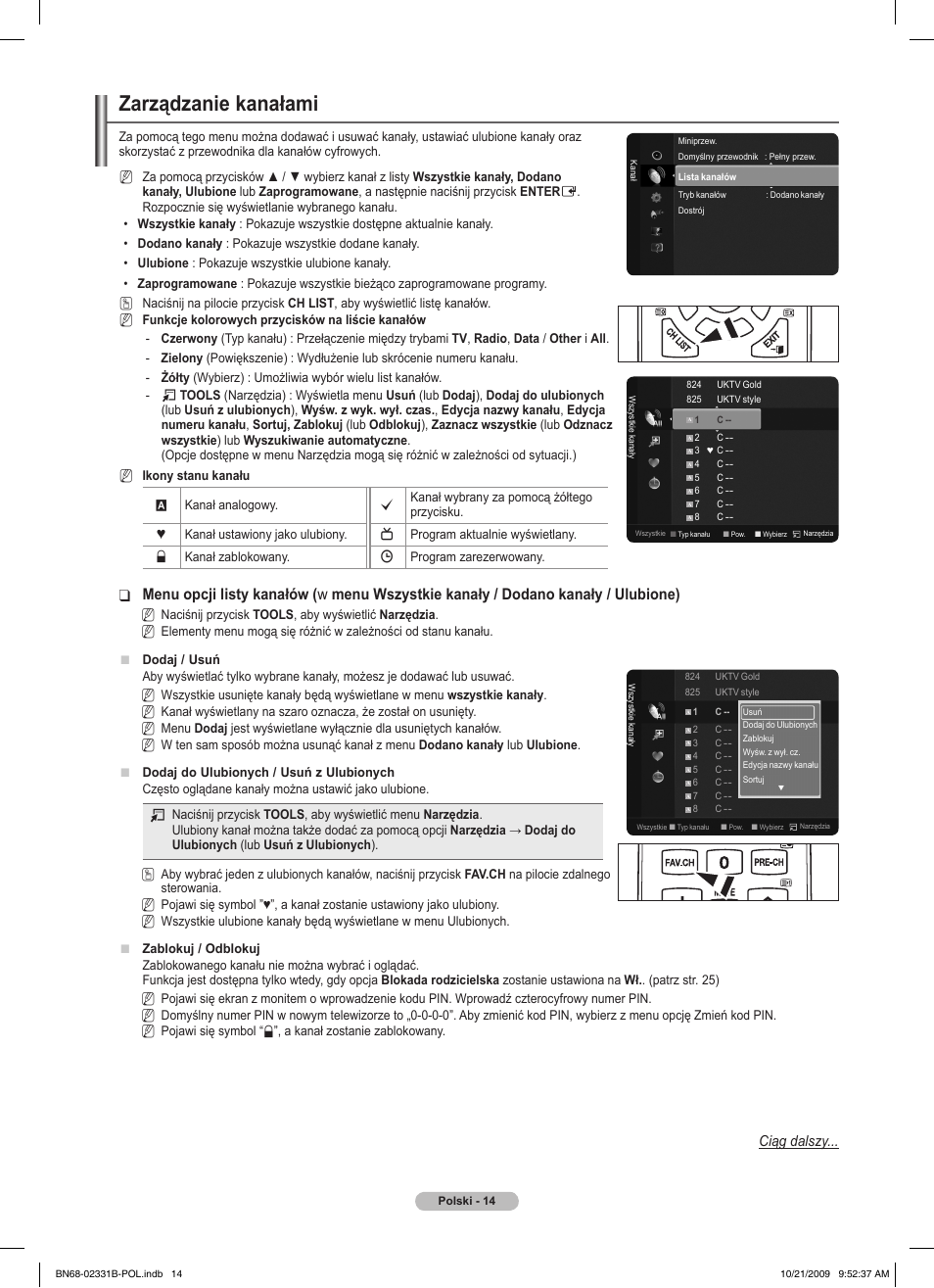 Zarządzanie kanałami, Ciąg dalszy | Samsung PS50B551T3W User Manual | Page 113 / 462