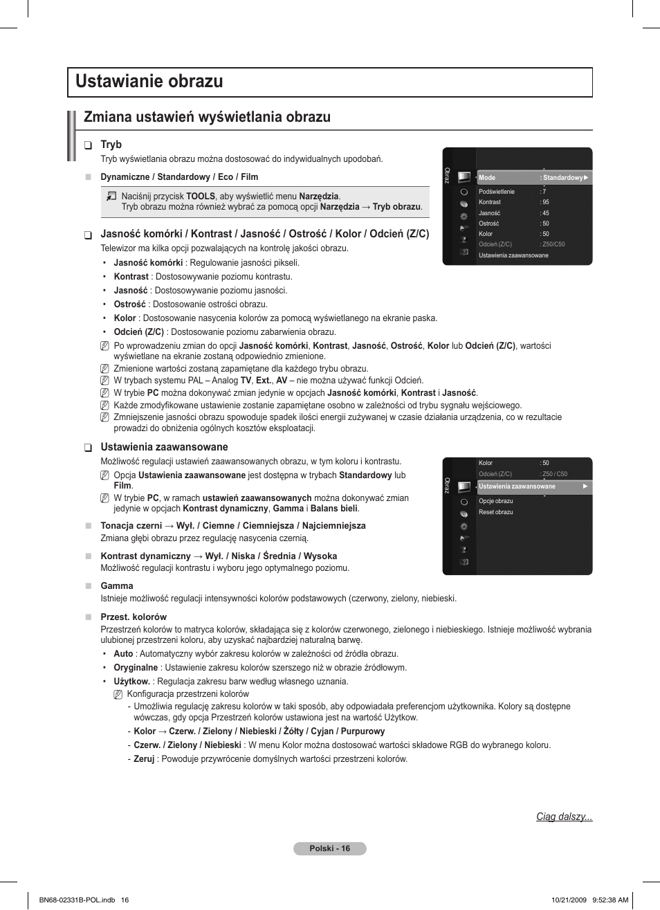 Ustawianie obrazu, Zmiana ustawień wyświetlania obrazu | Samsung PS50B551T3W User Manual | Page 115 / 462