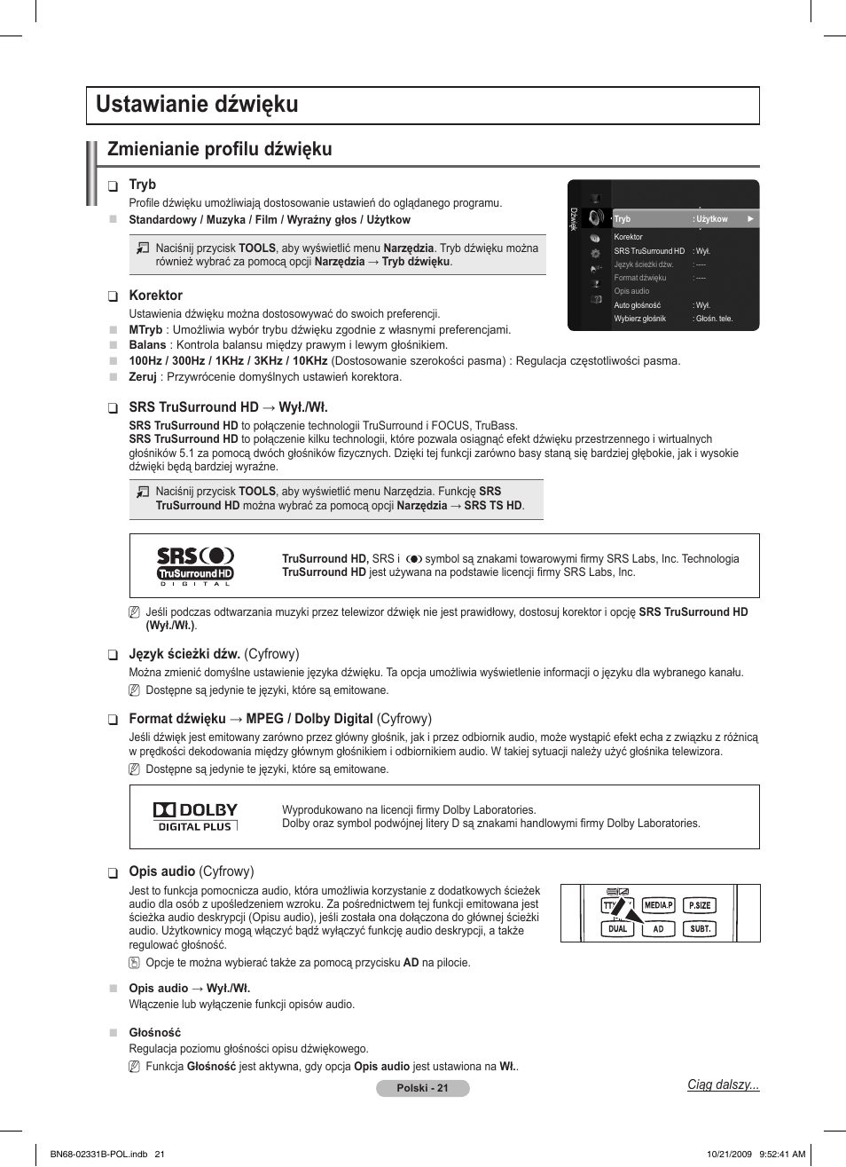 Ustawianie dźwięku, Zmienianie profilu dźwięku | Samsung PS50B551T3W User Manual | Page 120 / 462