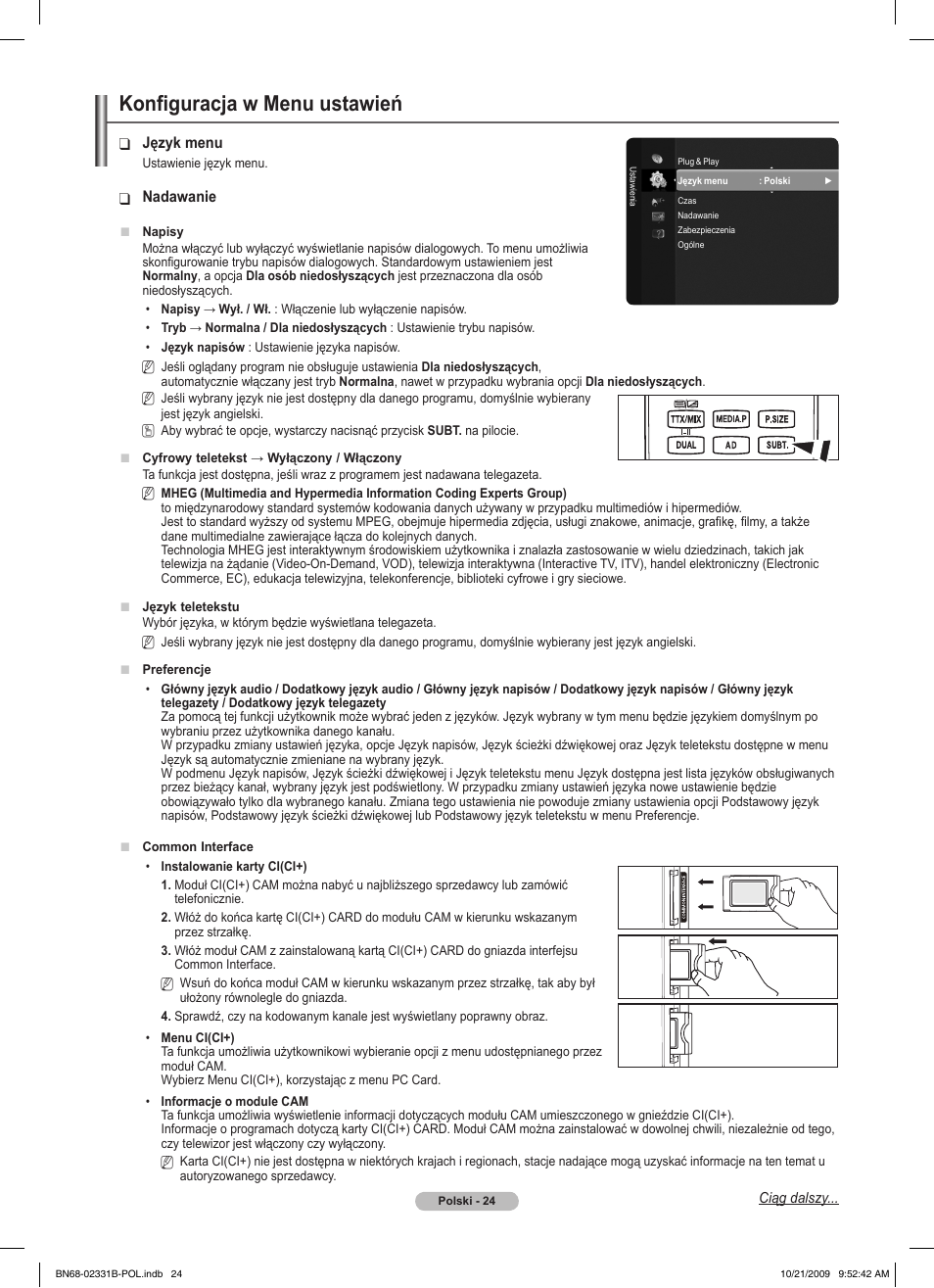 Konfiguracja w menu ustawień | Samsung PS50B551T3W User Manual | Page 123 / 462