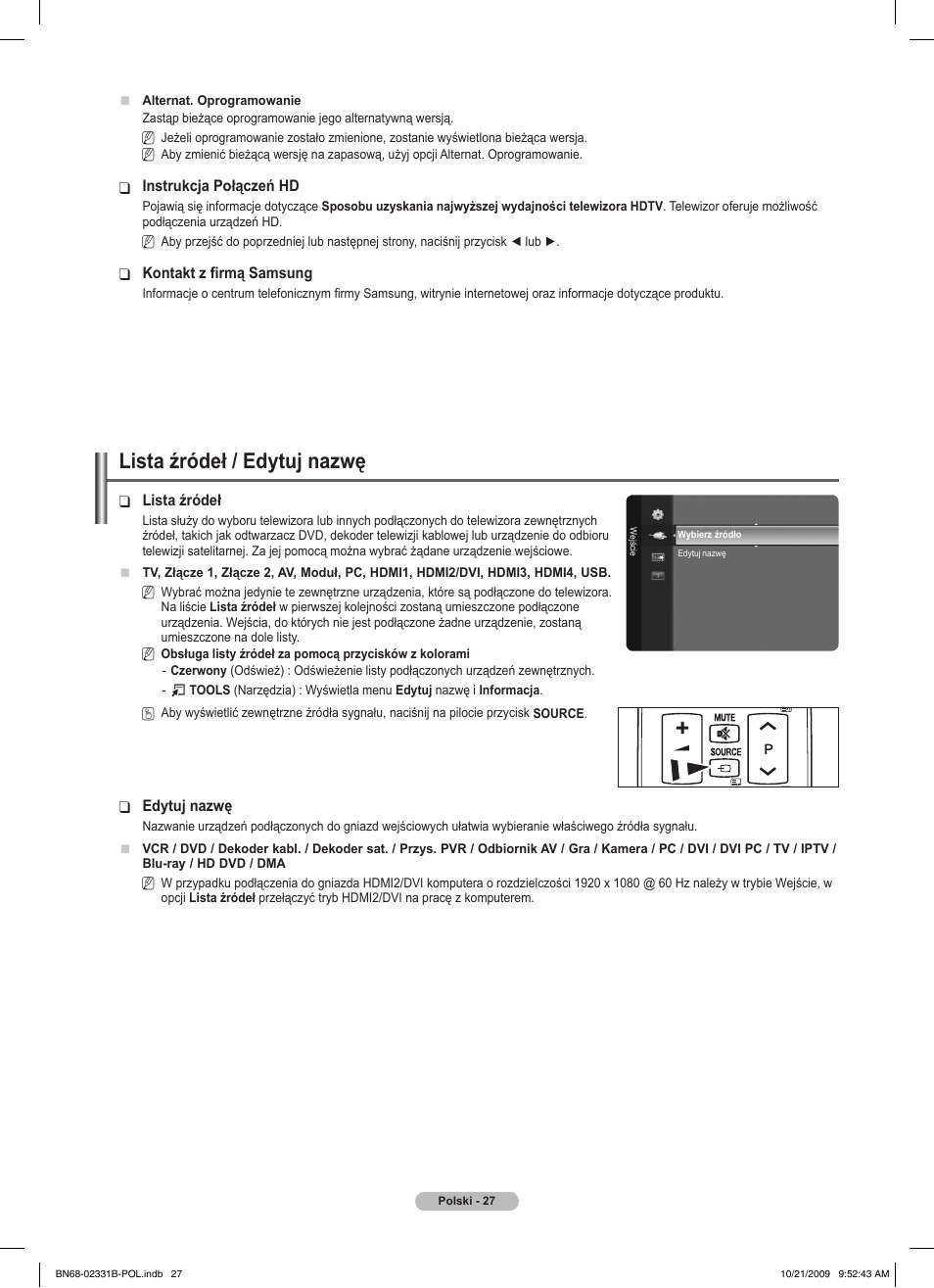 Lista źródeł / edytuj nazwę | Samsung PS50B551T3W User Manual | Page 126 / 462