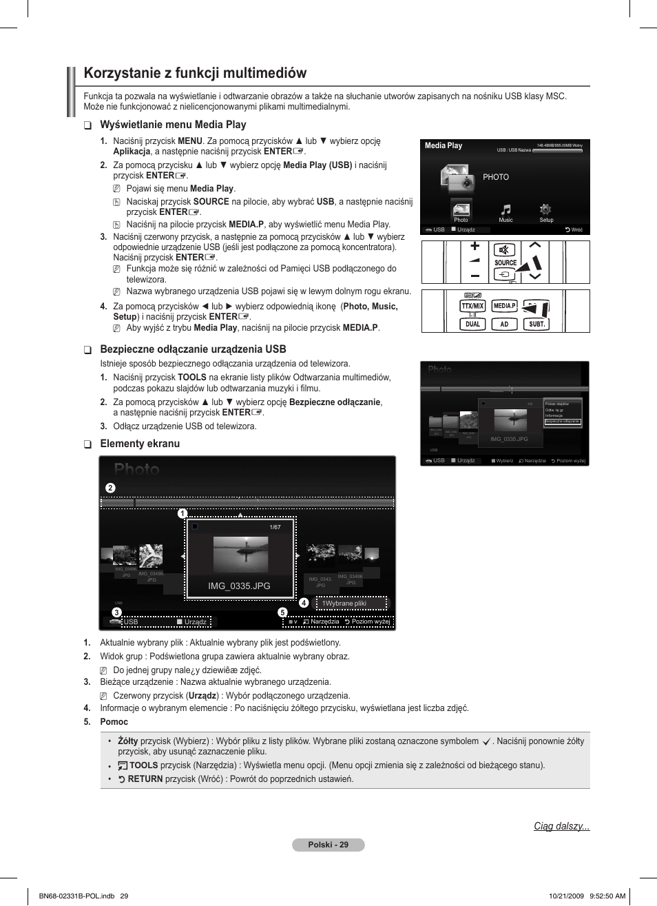 Korzystanie z funkcji multimediów, Wyświetlanie menu media play, Bezpieczne odłączanie urządzenia usb | Elementy ekranu, Ciąg dalszy | Samsung PS50B551T3W User Manual | Page 128 / 462