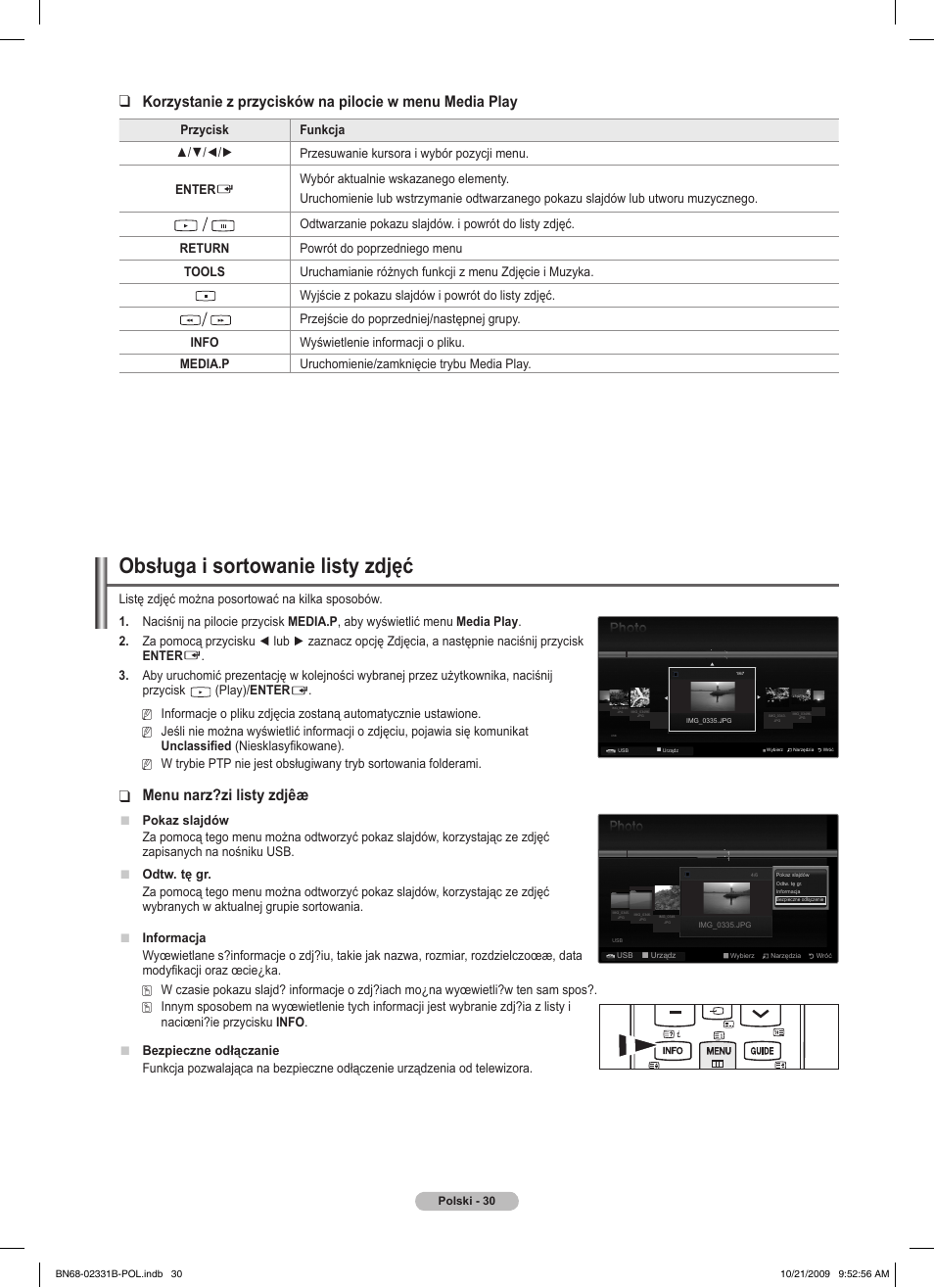 Obsługa i sortowanie listy zdjęć, Menu narz?zi listy zdjêæ | Samsung PS50B551T3W User Manual | Page 129 / 462