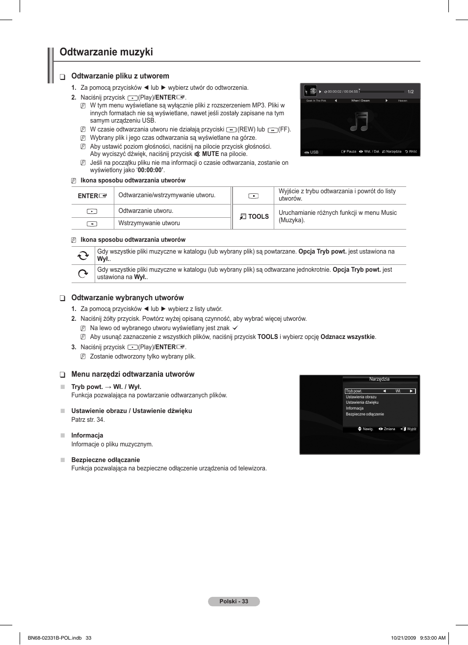 Odtwarzanie muzyki, Odtwarzanie pliku z utworem, Odtwarzanie wybranych utworów | Menu narzędzi odtwarzania utworów | Samsung PS50B551T3W User Manual | Page 132 / 462