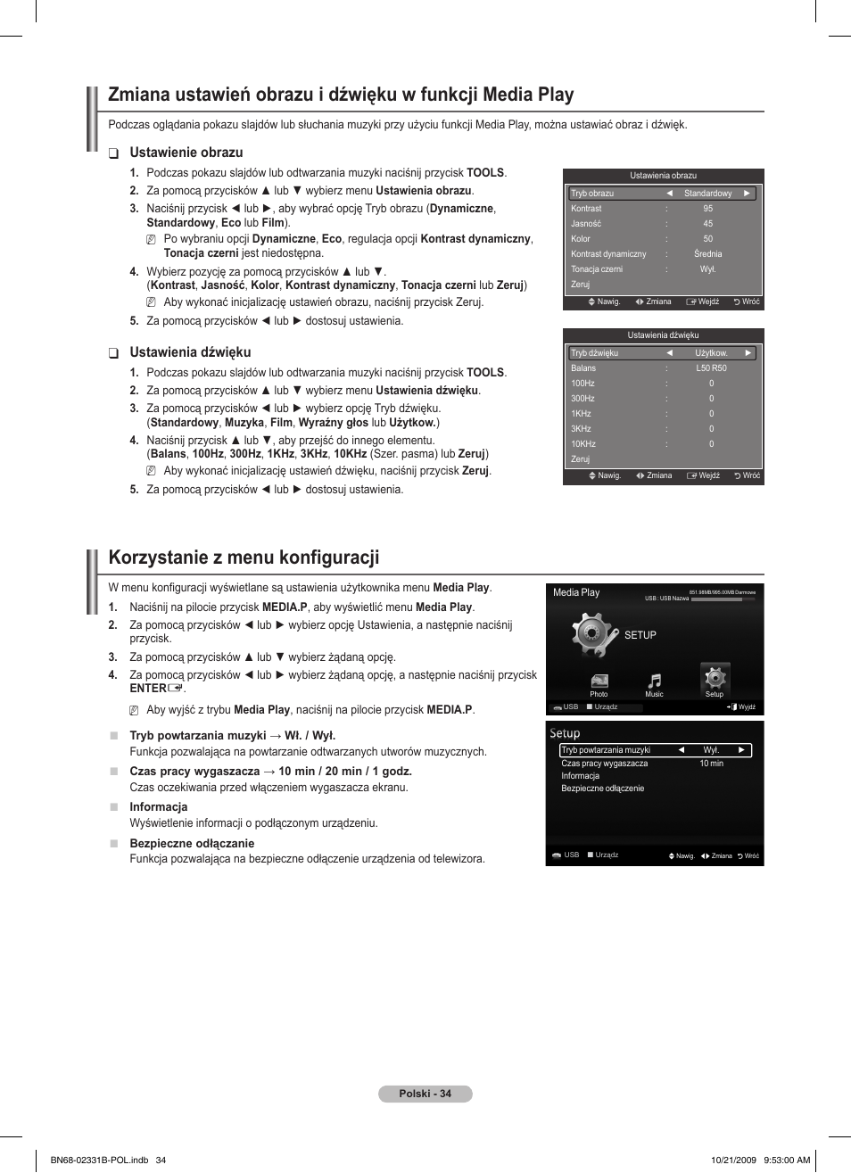 Korzystanie z menu konfiguracji, Ustawienie obrazu, Ustawienia dźwięku | Samsung PS50B551T3W User Manual | Page 133 / 462