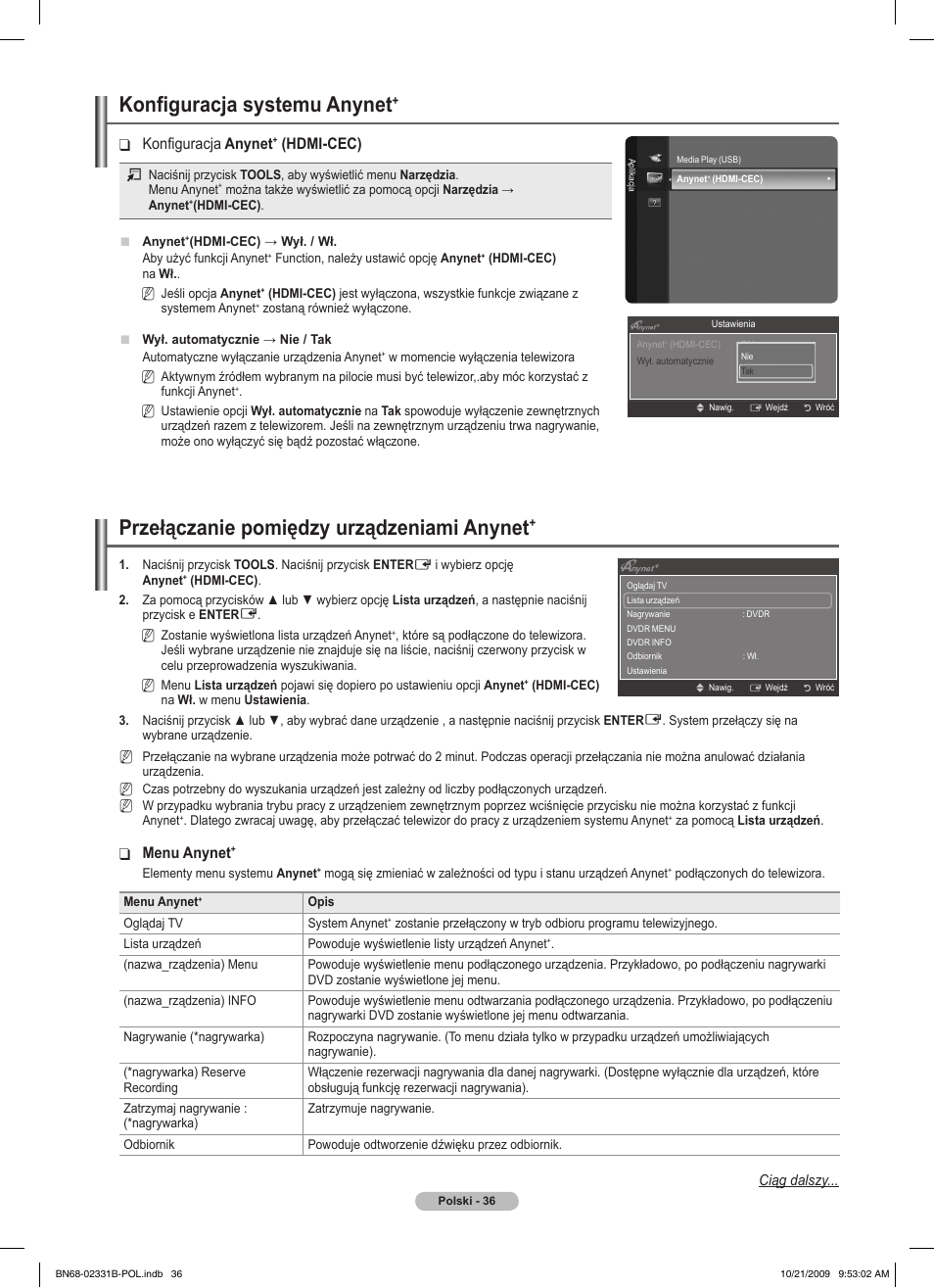 Konfiguracja systemu anynet, Przełączanie pomiędzy urządzeniami anynet, Konfiguracja ❑ anynet | Hdmi-cec), Menu anynet | Samsung PS50B551T3W User Manual | Page 135 / 462