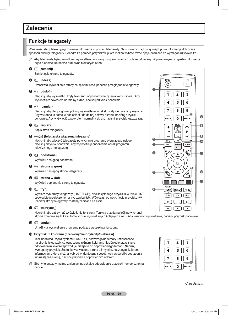 Zalecenia, Funkcje telegazety | Samsung PS50B551T3W User Manual | Page 138 / 462