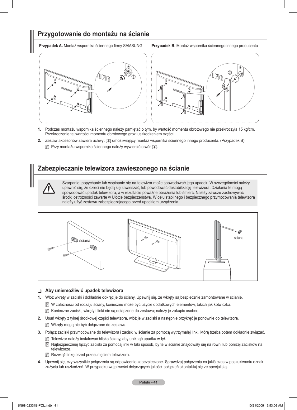 경고 주의 경고 주의, Przygotowanie do montażu na ścianie, Zabezpieczanie telewizora zawieszonego na ścianie | Samsung PS50B551T3W User Manual | Page 140 / 462