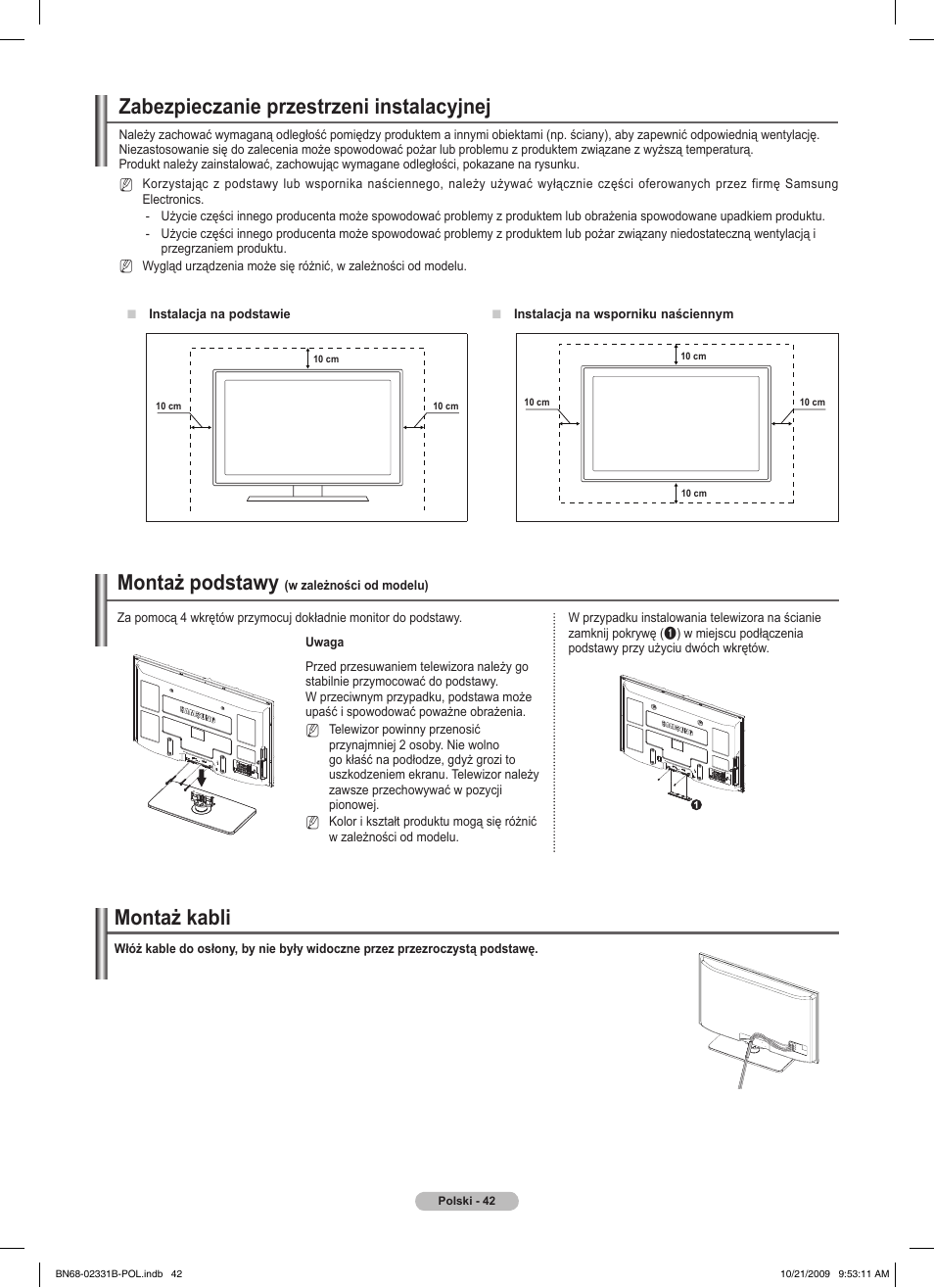 Zabezpieczanie przestrzeni instalacyjnej, Montaż kabli, Montaż podstawy | Samsung PS50B551T3W User Manual | Page 141 / 462