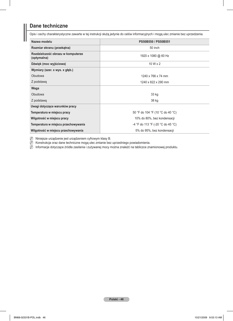 Dane techniczne | Samsung PS50B551T3W User Manual | Page 145 / 462