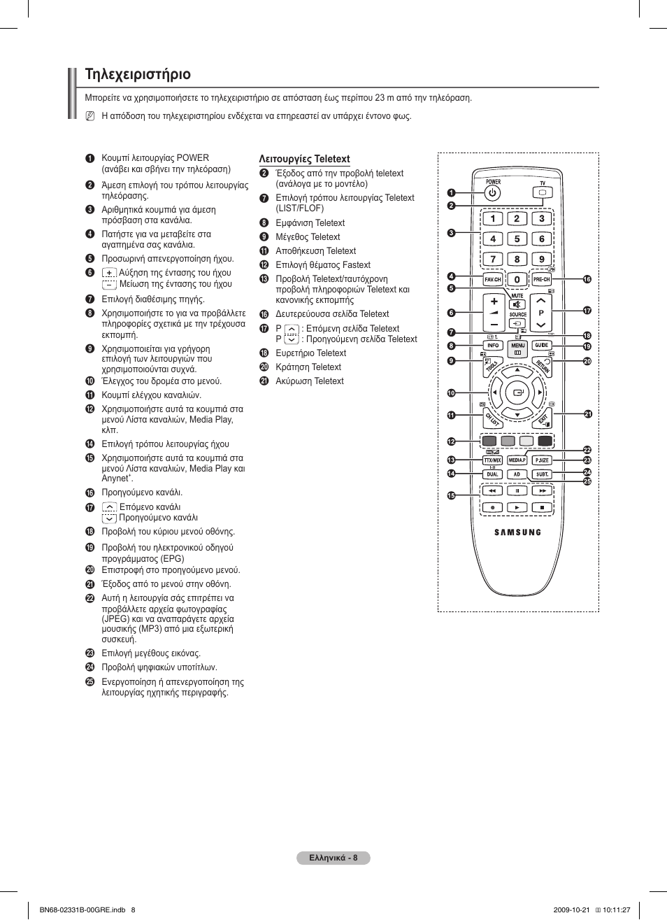 Τηλεχειριστήριο | Samsung PS50B551T3W User Manual | Page 152 / 462