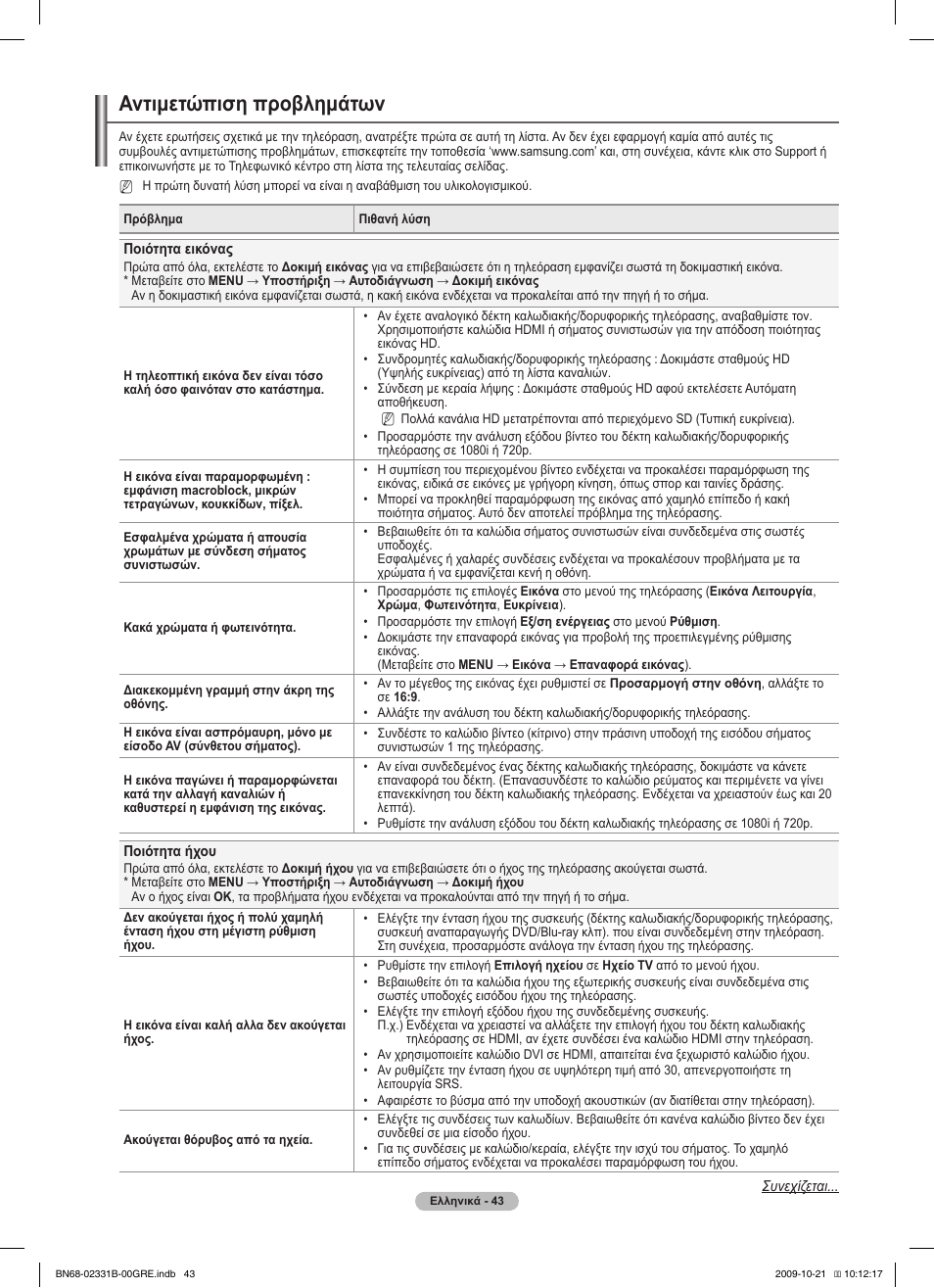 Αντιμετώπιση προβλημάτων | Samsung PS50B551T3W User Manual | Page 187 / 462