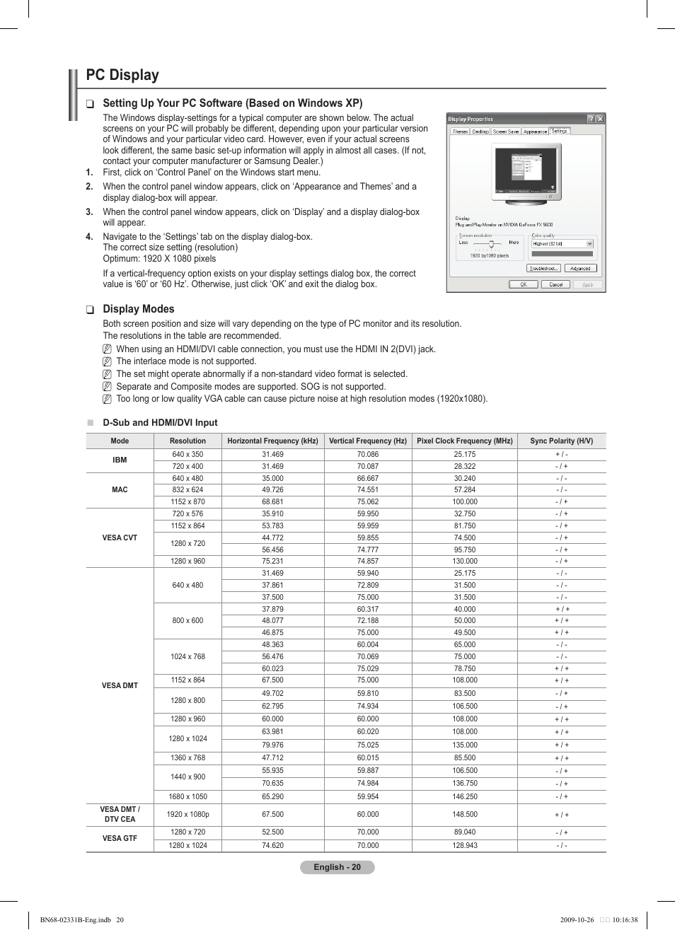 Pc display, Setting up your pc software (based on windows xp), Display modes | Samsung PS50B551T3W User Manual | Page 20 / 462