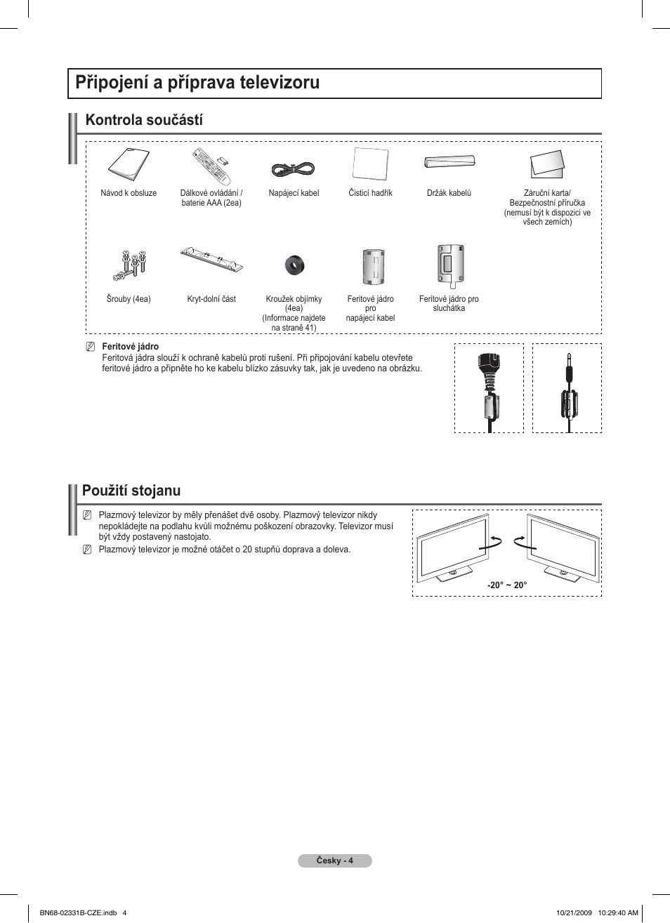 Připojení a příprava televizoru, Použití stojanu, Kontrola součástí | Samsung PS50B551T3W User Manual | Page 238 / 462