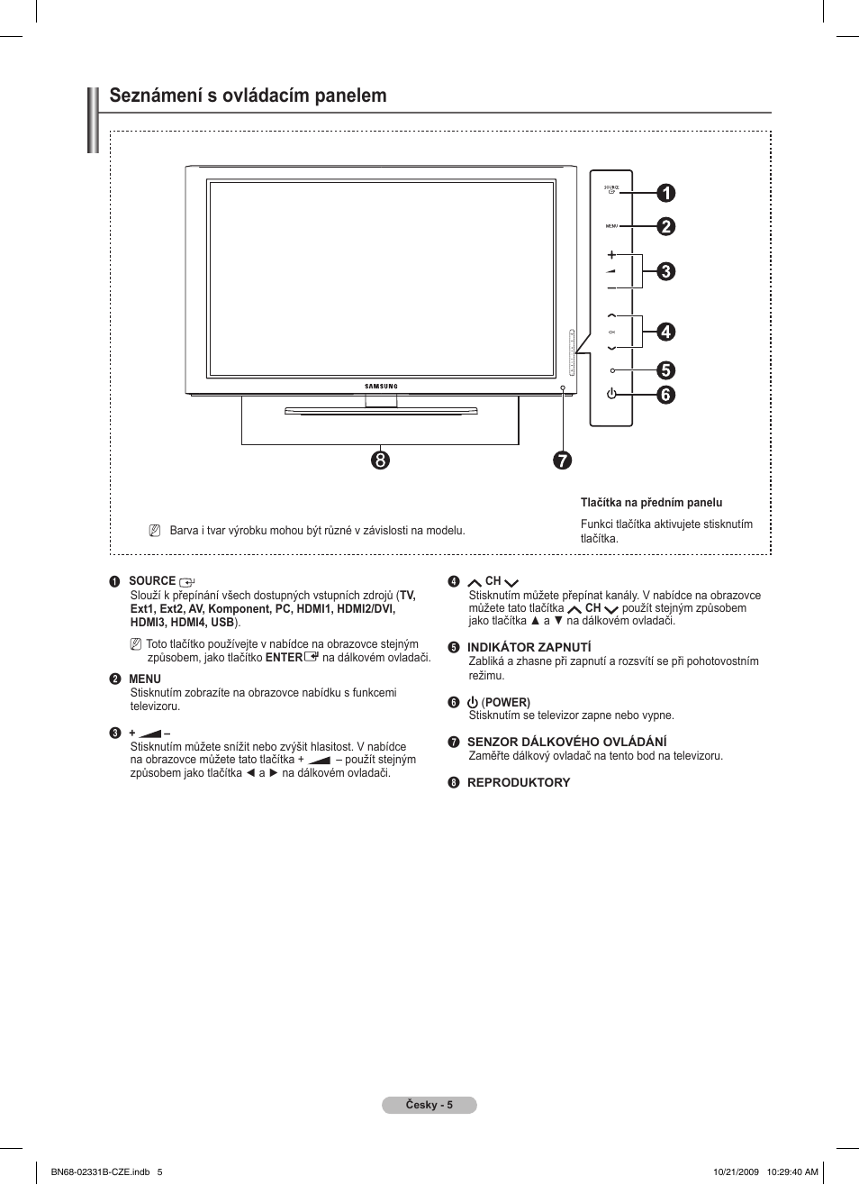 Seznámení s ovládacím panelem | Samsung PS50B551T3W User Manual | Page 239 / 462