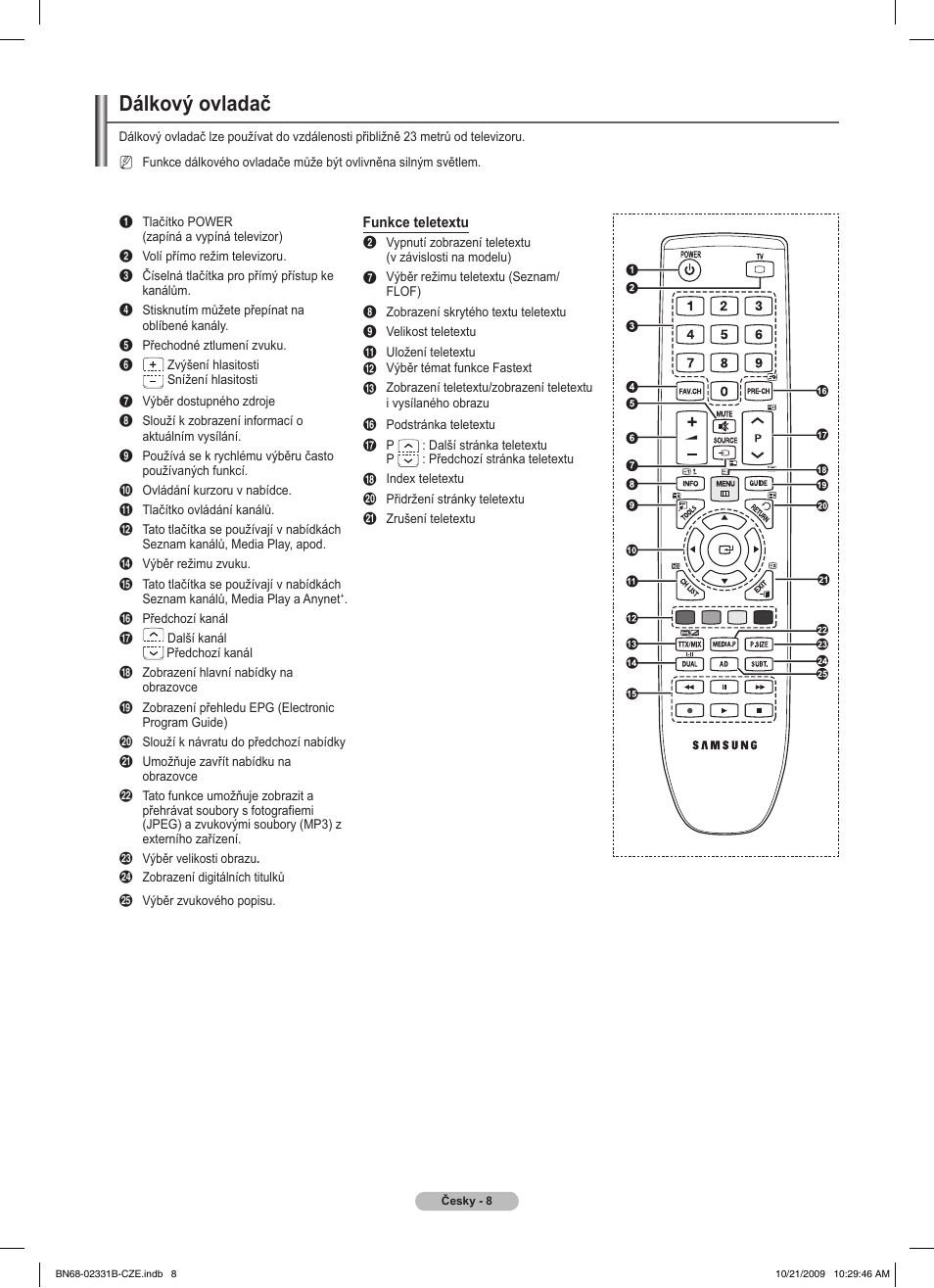 Dálkový ovladač | Samsung PS50B551T3W User Manual | Page 242 / 462