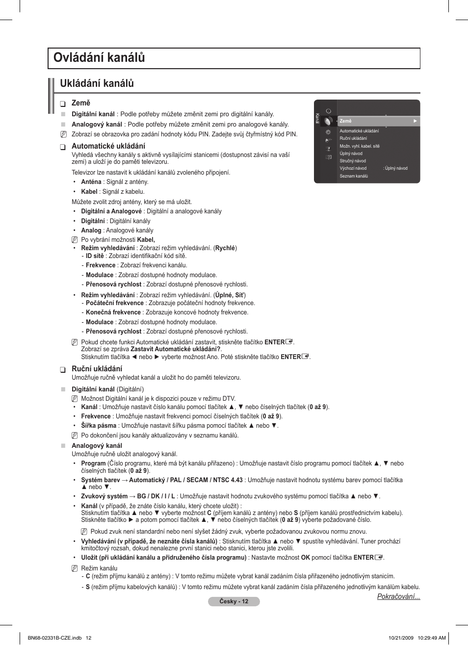 Ovládání kanálů, Ukládání kanálů | Samsung PS50B551T3W User Manual | Page 246 / 462