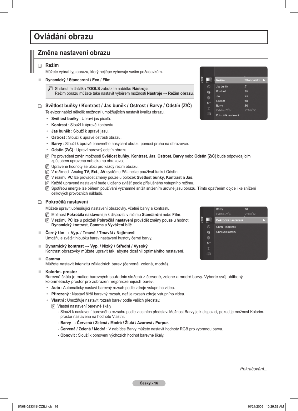 Ovládání obrazu, Změna nastavení obrazu | Samsung PS50B551T3W User Manual | Page 250 / 462