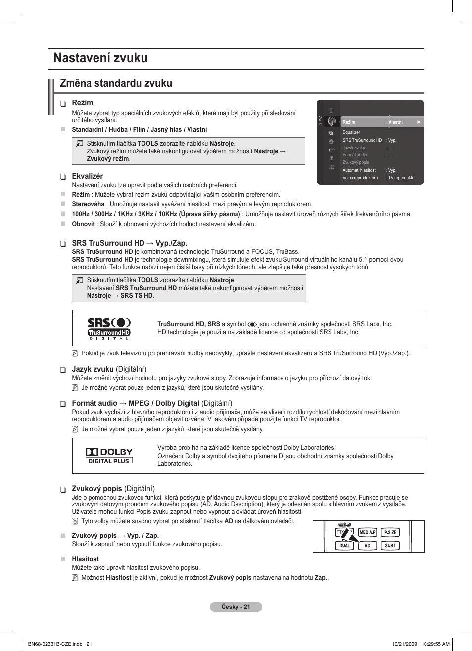 Nastavení zvuku, Změna standardu zvuku | Samsung PS50B551T3W User Manual | Page 255 / 462