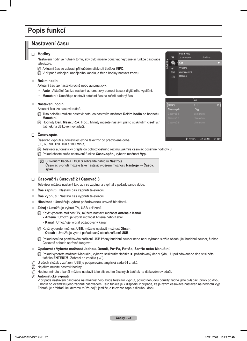 Popis funkcí, Nastavení času | Samsung PS50B551T3W User Manual | Page 257 / 462