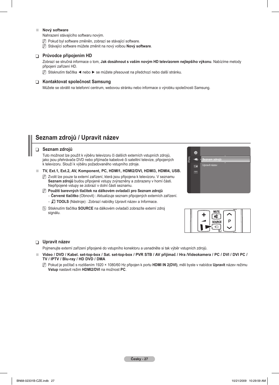 Seznam zdrojů / upravit název | Samsung PS50B551T3W User Manual | Page 261 / 462