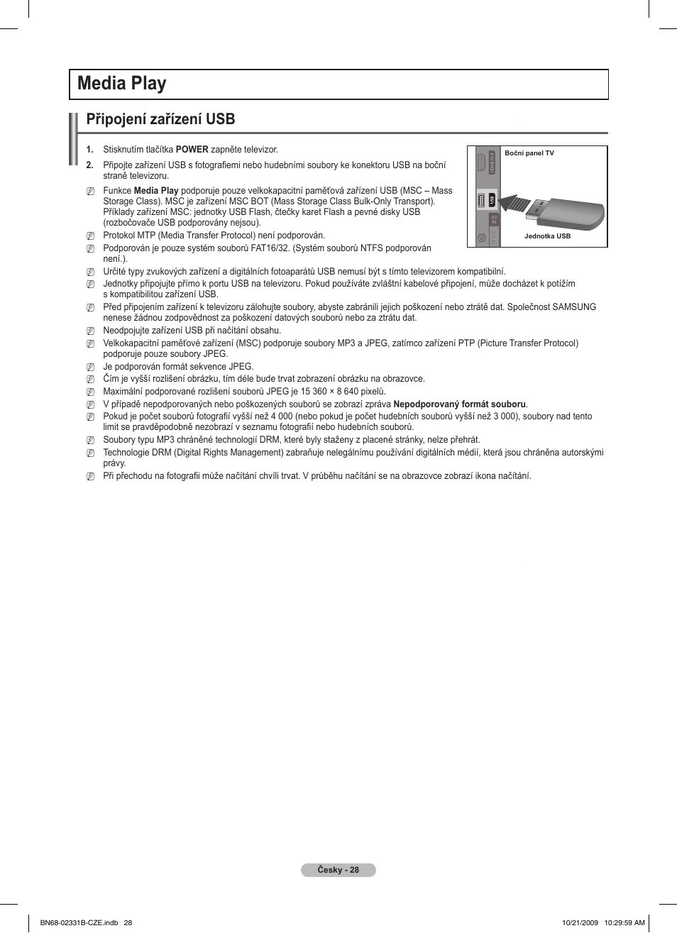 Media play, Připojení zařízení usb | Samsung PS50B551T3W User Manual | Page 262 / 462