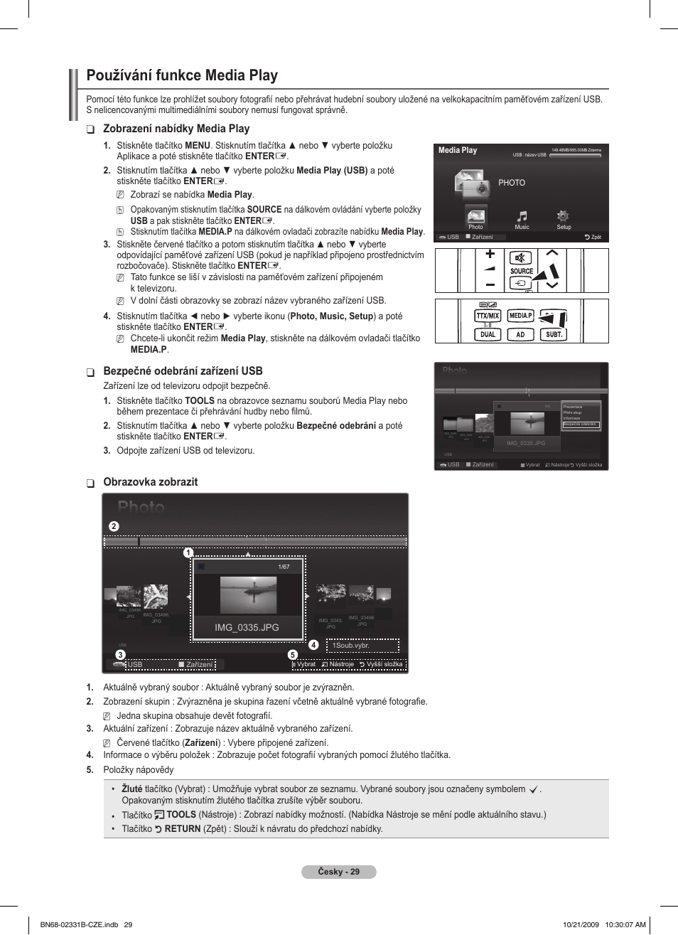 Používání funkce media play, Zobrazení nabídky media play, Bezpečné odebrání zařízení usb | Obrazovka zobrazit | Samsung PS50B551T3W User Manual | Page 263 / 462