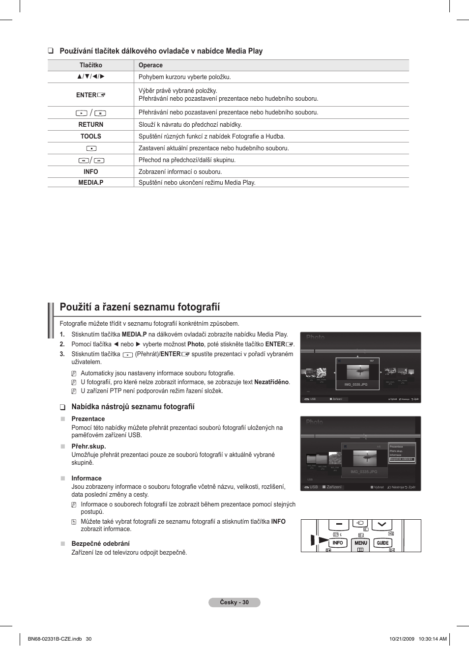 Použití a řazení seznamu fotografií, Nabídka nástrojů seznamu fotografií | Samsung PS50B551T3W User Manual | Page 264 / 462