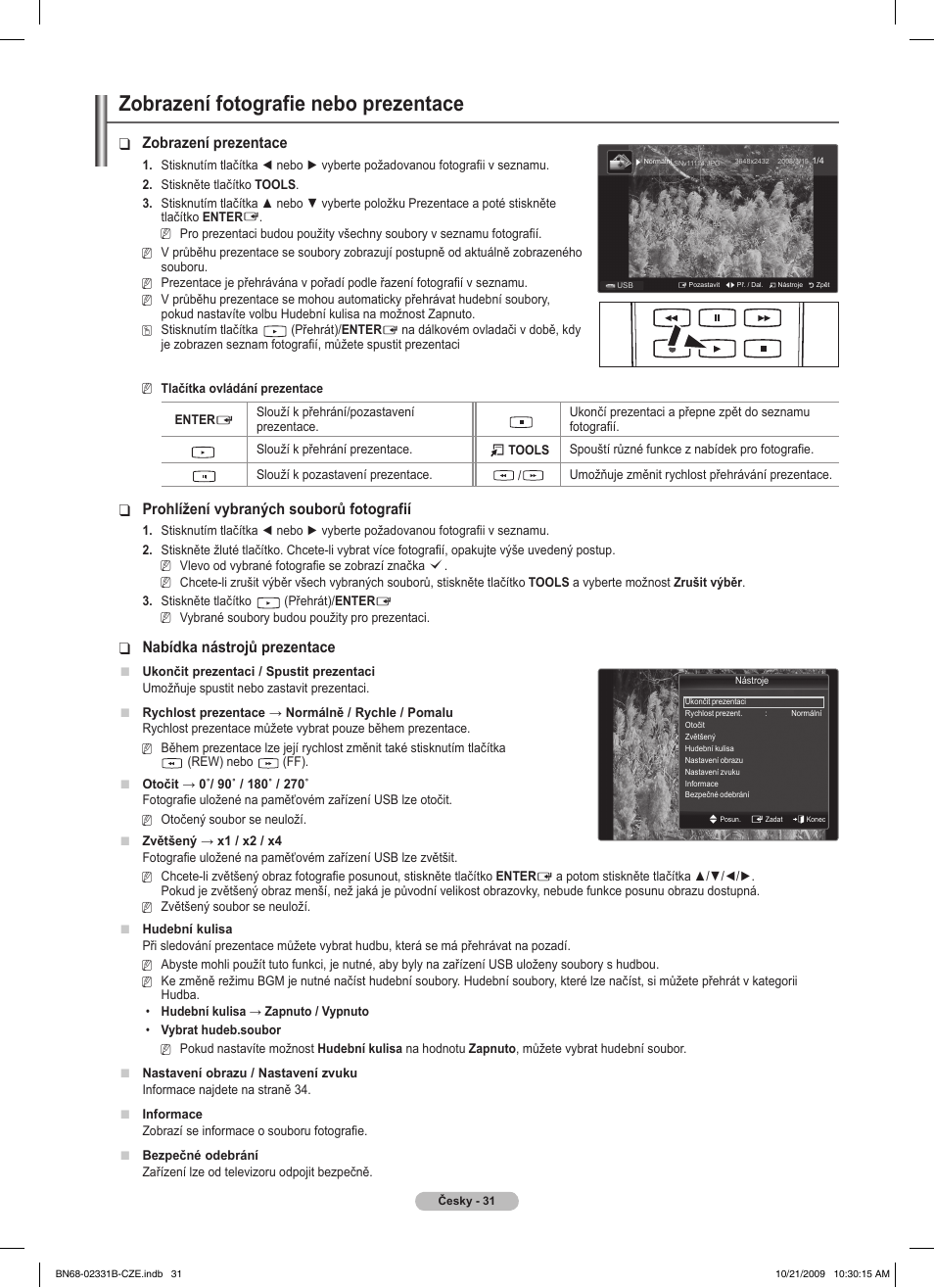 Zobrazení fotografie nebo prezentace, Zobrazení prezentace, Prohlížení vybraných souborů fotografií | Nabídka nástrojů prezentace | Samsung PS50B551T3W User Manual | Page 265 / 462