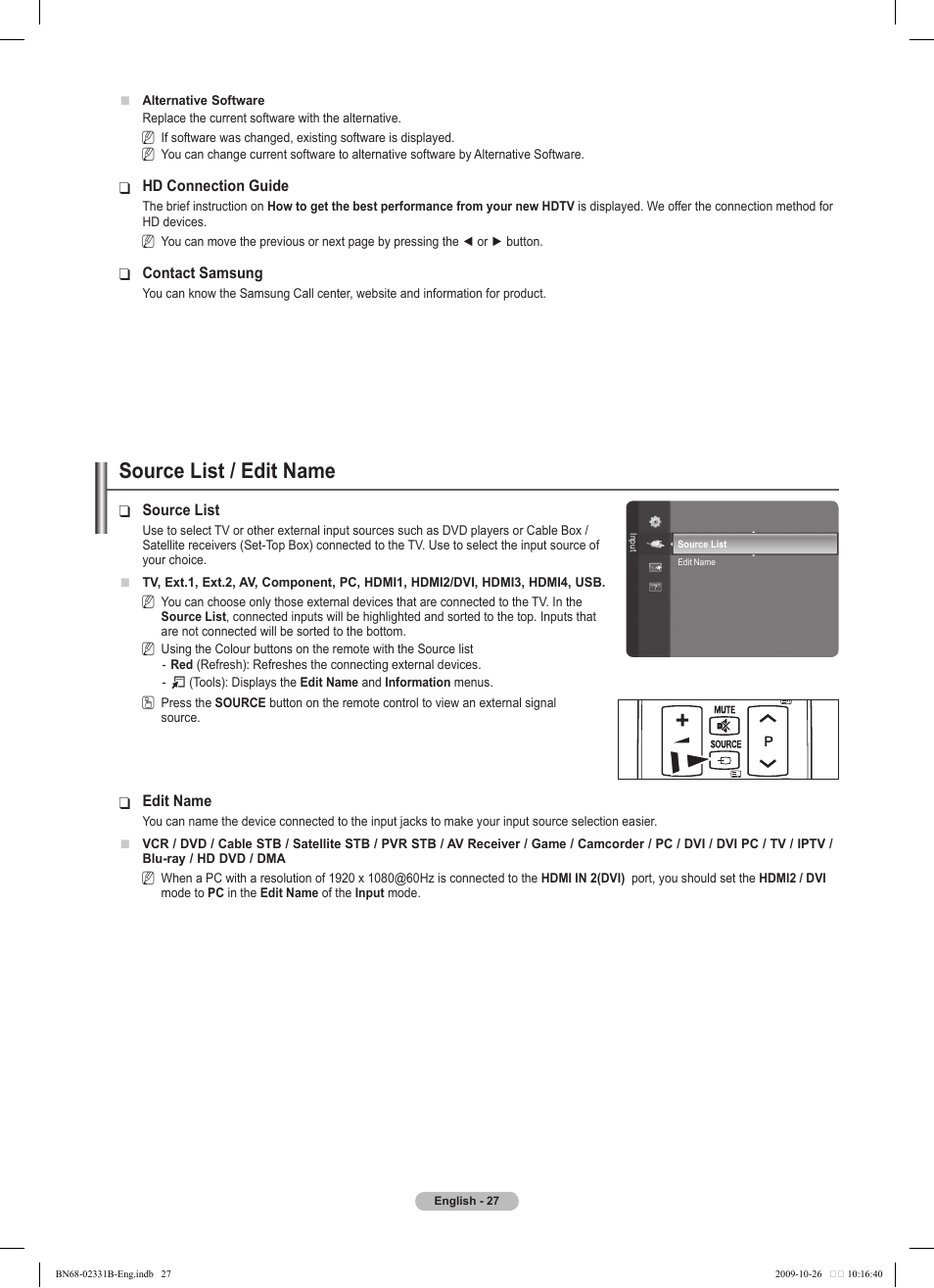 Source list / edit name | Samsung PS50B551T3W User Manual | Page 27 / 462