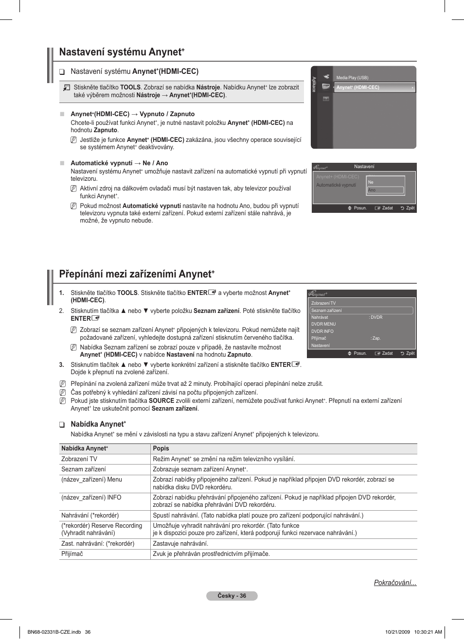 Nastavení systému anynet, Přepínání mezi zařízeními anynet, Nastavení systému ❑ anynet | Hdmi-cec), Nabídka anynet | Samsung PS50B551T3W User Manual | Page 270 / 462