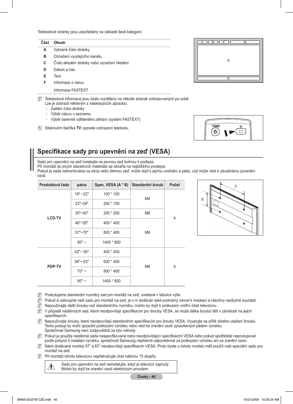 Specifikace sady pro upevnění na zeď (vesa) | Samsung PS50B551T3W User Manual | Page 274 / 462