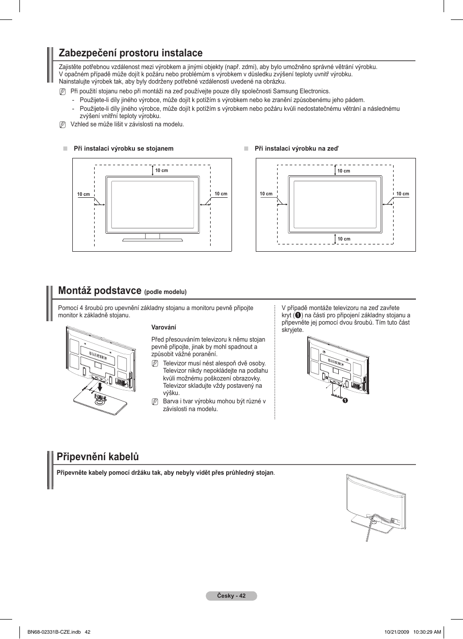 Zabezpečení prostoru instalace, Připevnění kabelů, Montáž podstavce | Samsung PS50B551T3W User Manual | Page 276 / 462