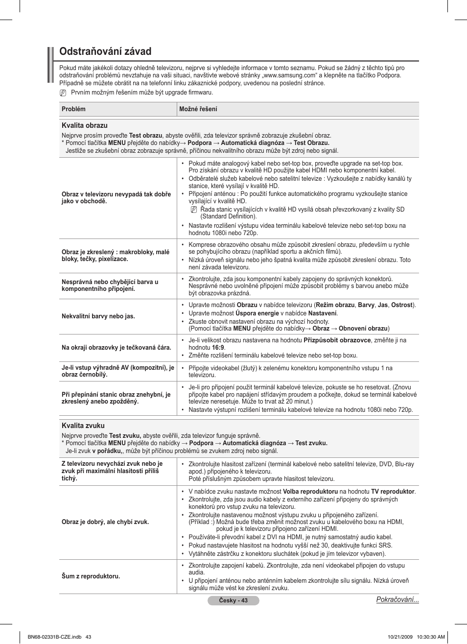 Odstraňování závad | Samsung PS50B551T3W User Manual | Page 277 / 462