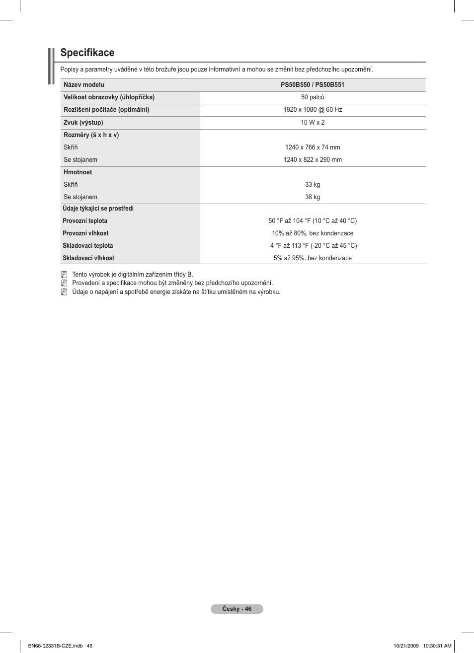 Specifikace | Samsung PS50B551T3W User Manual | Page 280 / 462