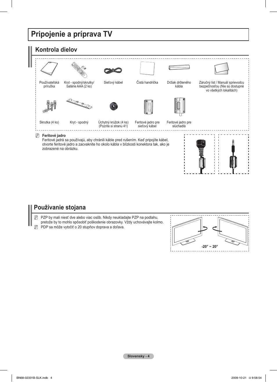 Pripojenie a príprava tv, Používanie stojana, Kontrola dielov | Samsung PS50B551T3W User Manual | Page 283 / 462