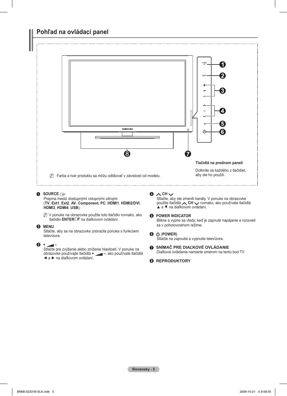 Pohľad na ovládací panel | Samsung PS50B551T3W User Manual | Page 284 / 462