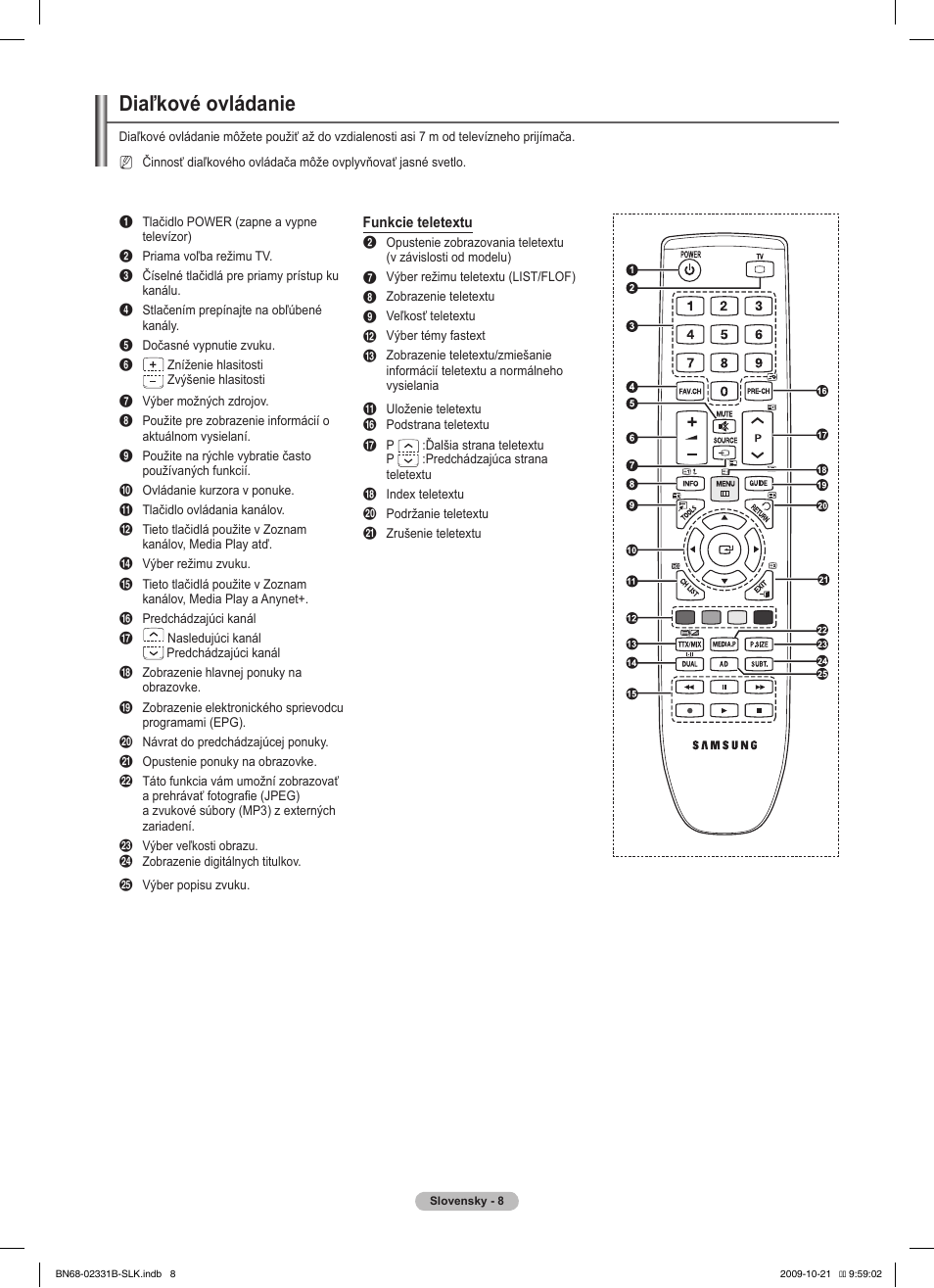 Diaľkové ovládanie | Samsung PS50B551T3W User Manual | Page 287 / 462