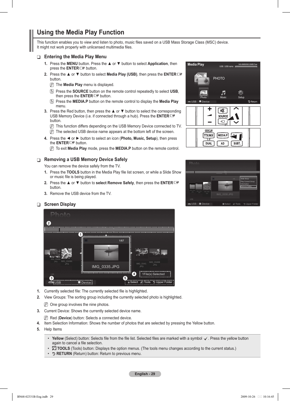 Using the media play function, Entering the media play menu, Screen display | Samsung PS50B551T3W User Manual | Page 29 / 462